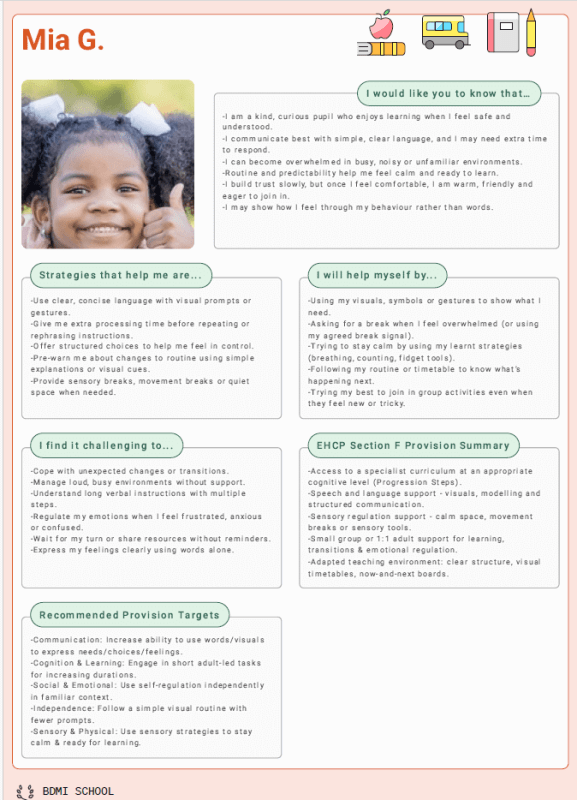 Example One Page Profile in Evisense - Mia G